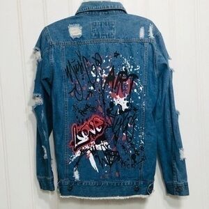 Distressed Denim Graffiti Jean Jacket Womens